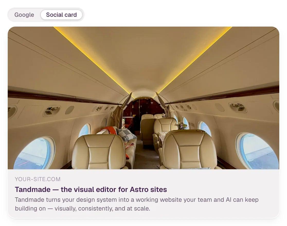 The Social card preview in Page settings: the chosen image above the site address, the page title and the description.