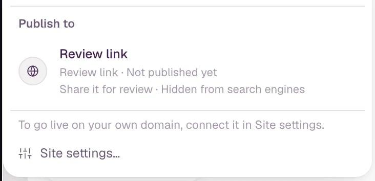 The Publish to part of the panel: the Review link row, marked Share it for review · Hidden from search engines, a note about connecting a domain, and Site settings….
