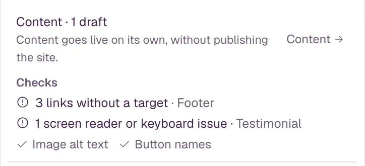 The lower part of the publish panel: Content · 1 draft with a link to Content, and Checks listing links without a target and a screen reader issue, with passed checks ticked below.