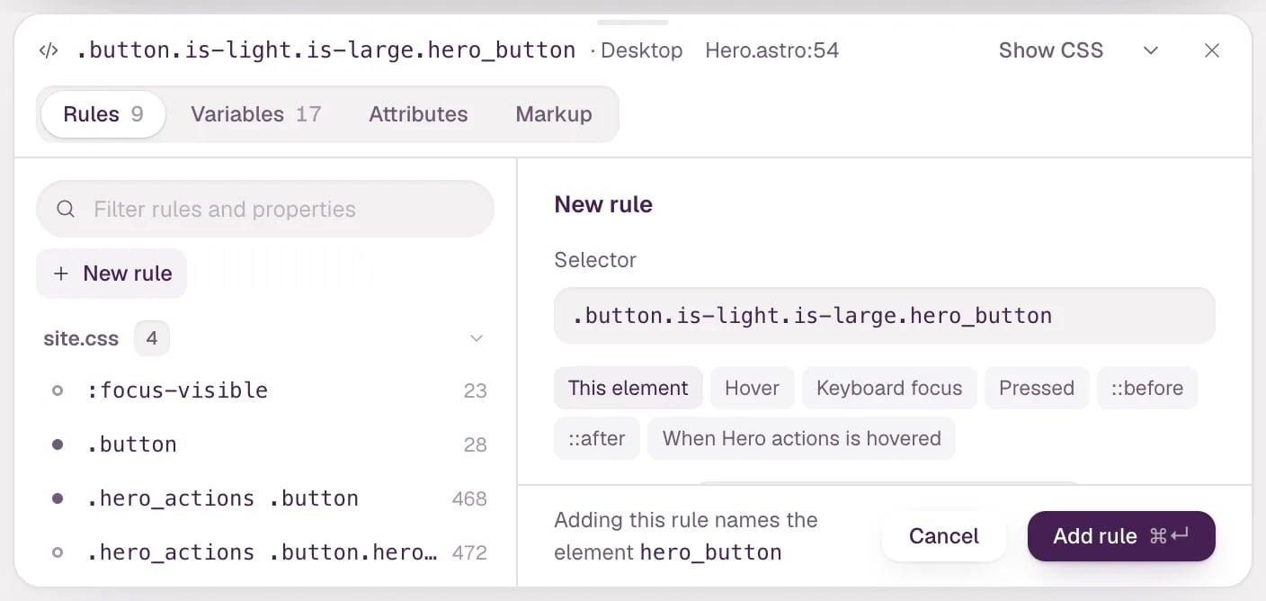 The code panel under the canvas for the selected Start building button. Its bar shows the selector, Desktop and Hero.astro:54; the Rules tab lists the rules from site.css that style the button, next to a New rule form.