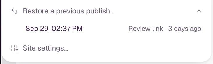 Restore a previous publish… opened in the publish panel, listing one earlier publish to the review link.