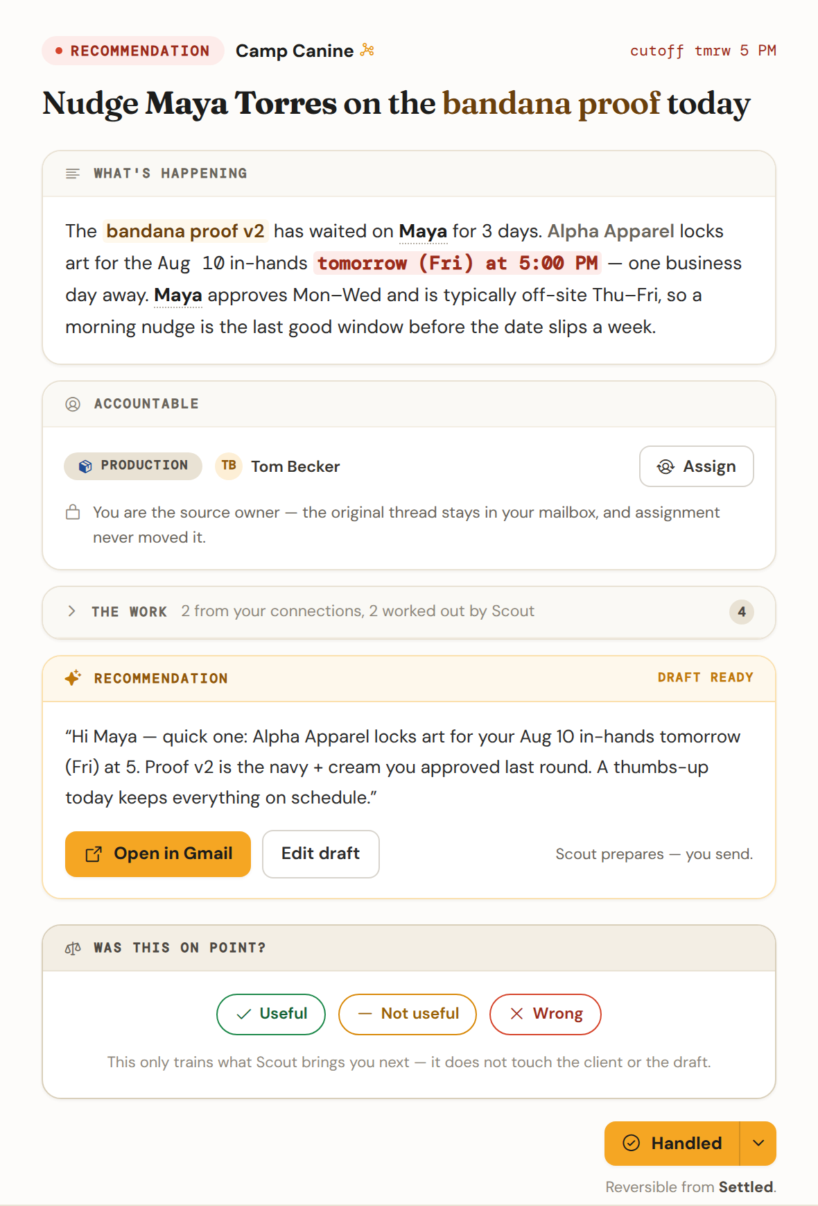 An open point showing its type, client, due date, explanation, accountability card, and the evidence rows that support it.