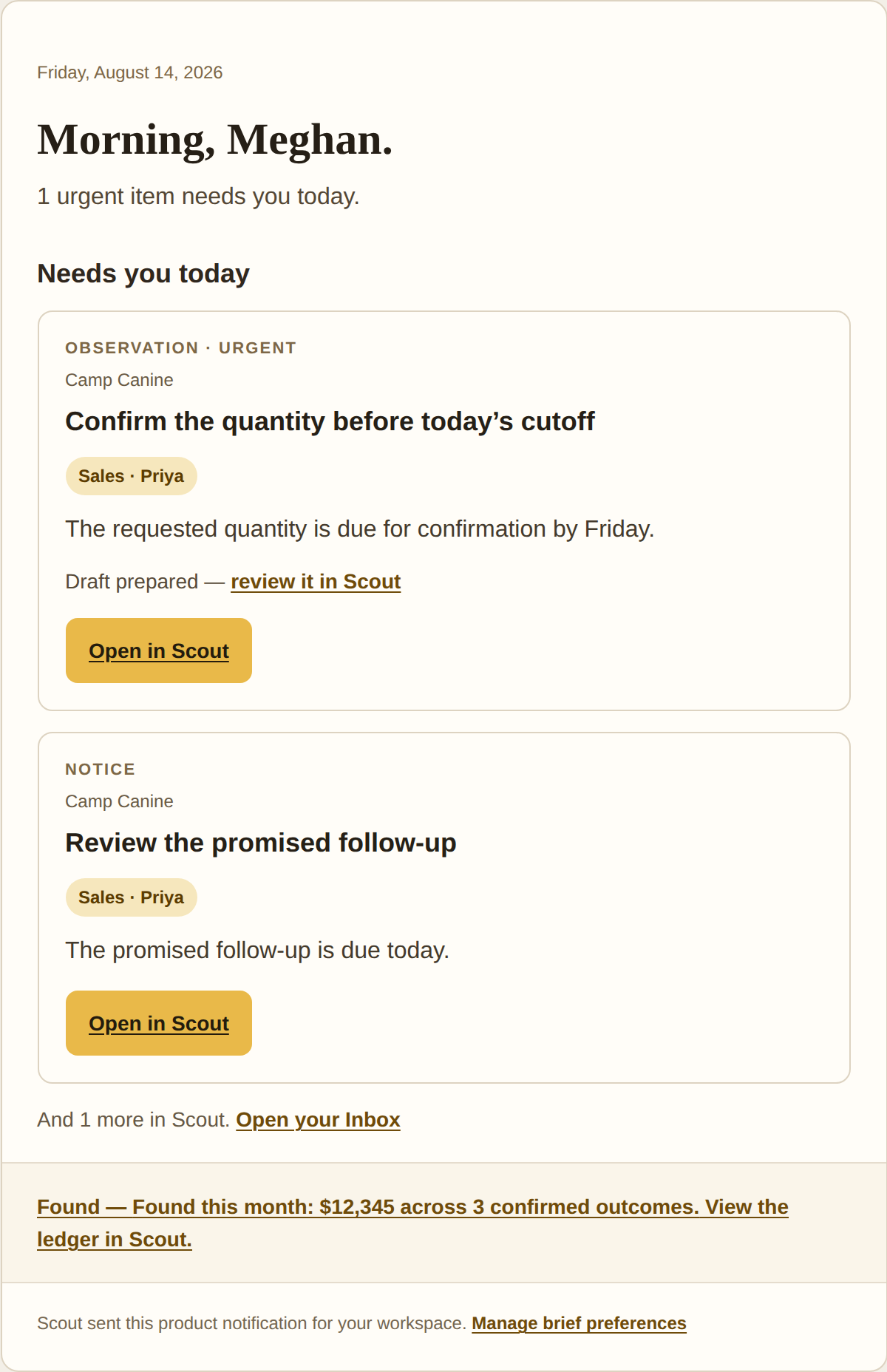 A rendered morning brief email listing the points above the line with their evidence summaries.
