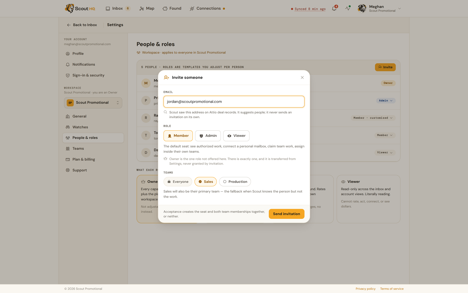 The invitation composer in People and roles, with fields for addresses, role, and primary team.