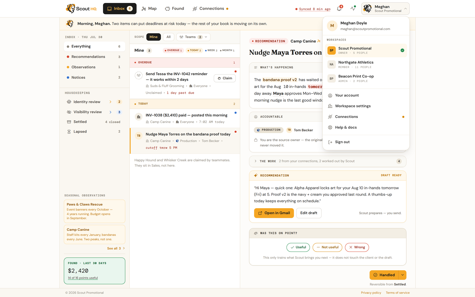 The avatar menu open, showing the account shortcuts above the workspaces list, Create workspace, and Sign out.