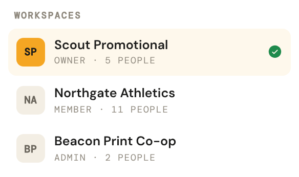 The workspaces section of the avatar menu listing each workspace with the viewer's role and its headcount.