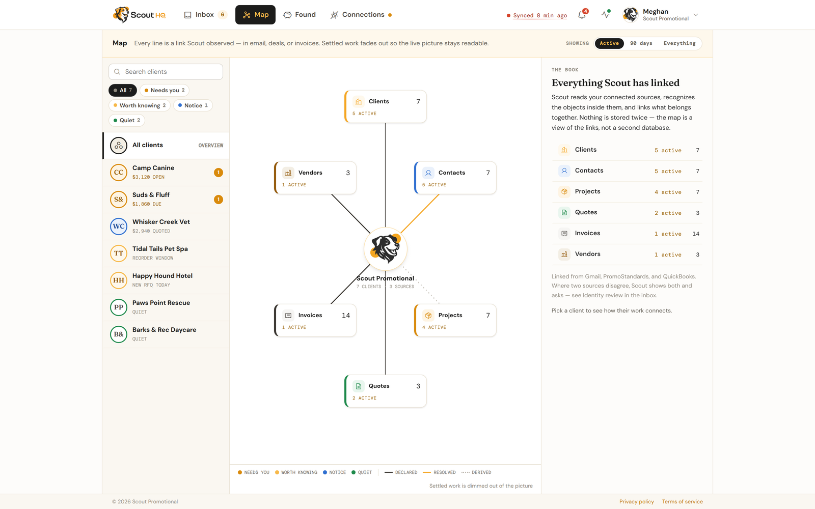 The Map with client cards on the left, the workspace overview on the right, and the tone and window filters above.