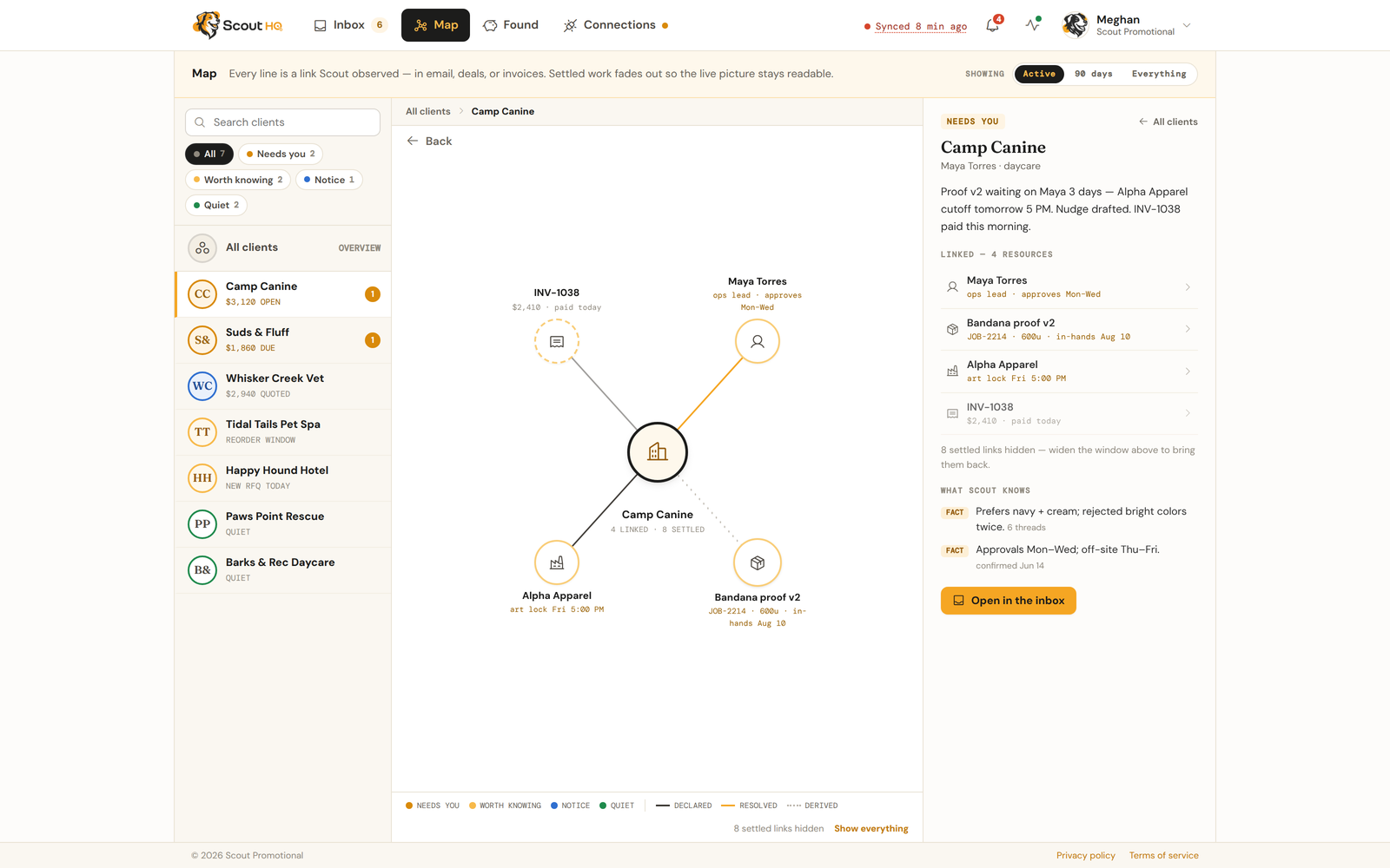 One client open on the Map, with its linked contacts, job, vendor and invoices, and the dossier panel showing what Scout knows about the account.
