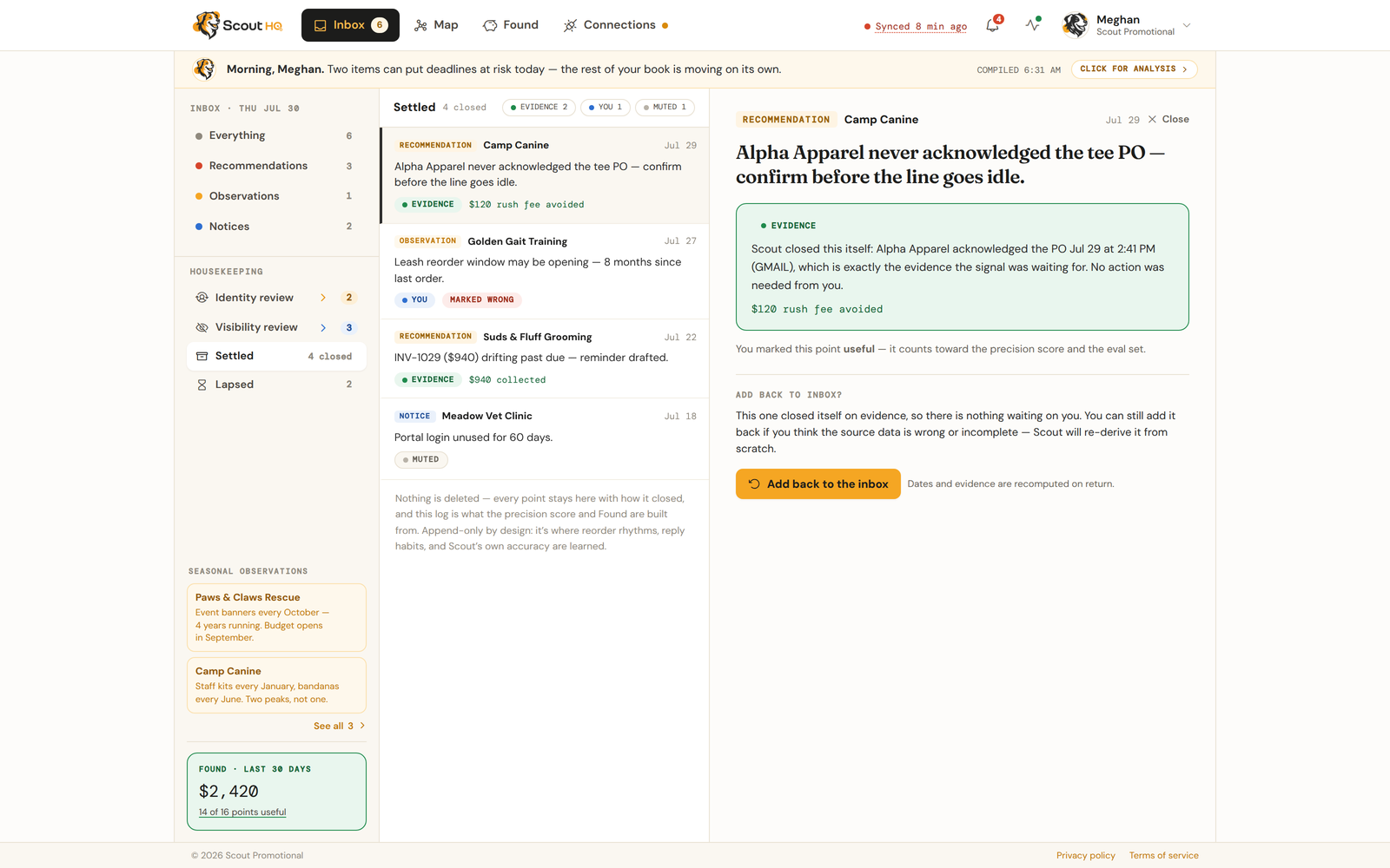 The Settled archive with its search box, filter button, list of closed items and a reading pane.