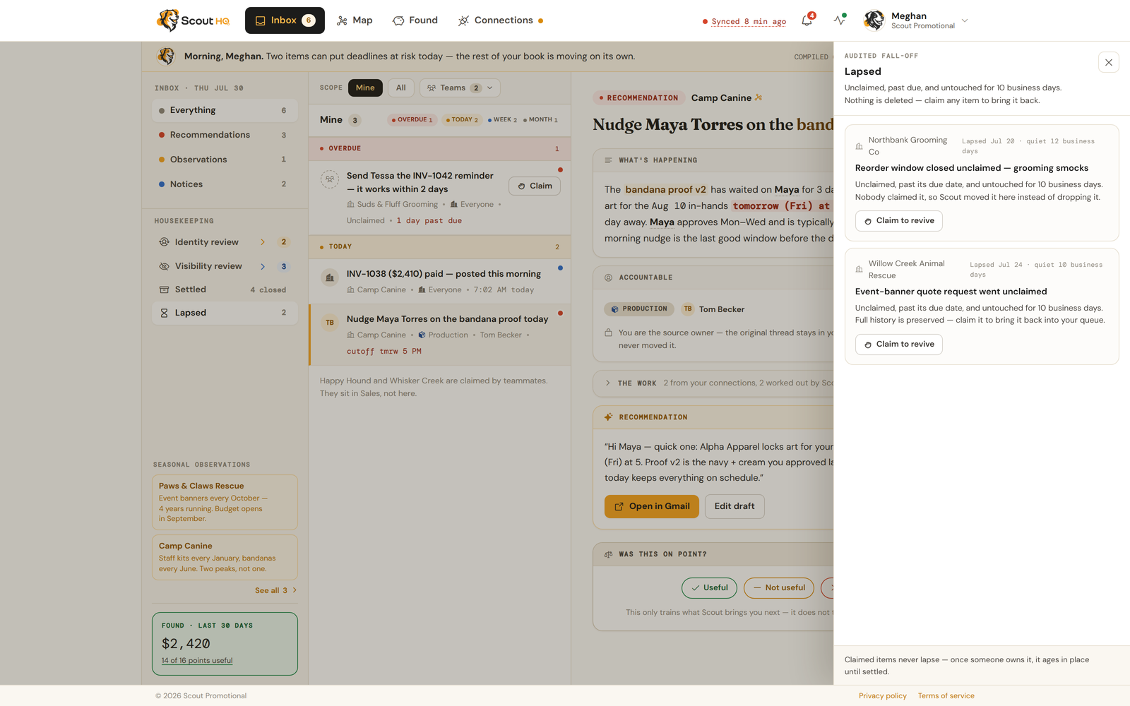 The Lapsed shelf listing unclaimed past-due items, each with the teams eligible to claim it and a Claim to revive button.