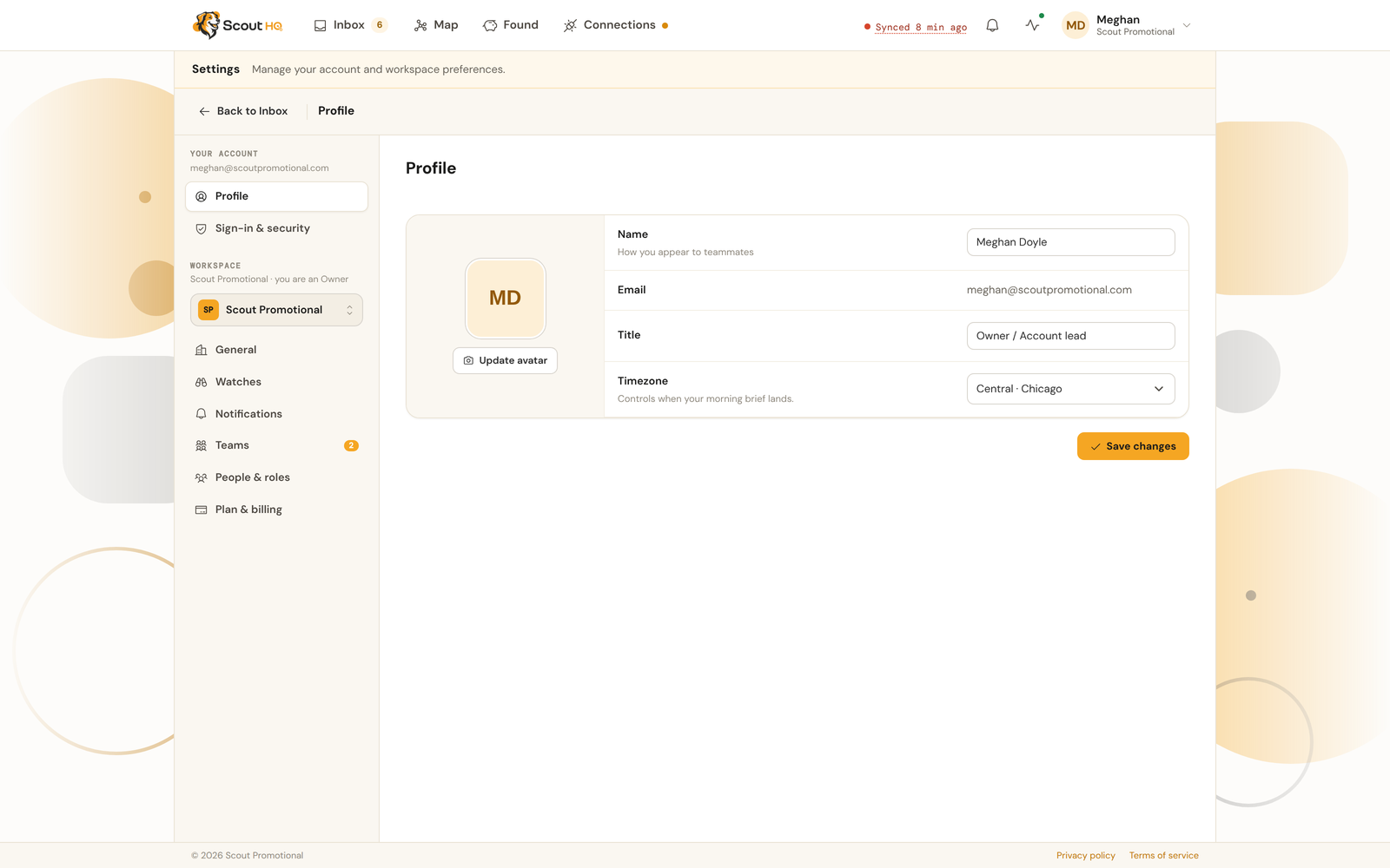 The Profile page with the avatar, name, email, title, and time zone fields above the Save changes button.