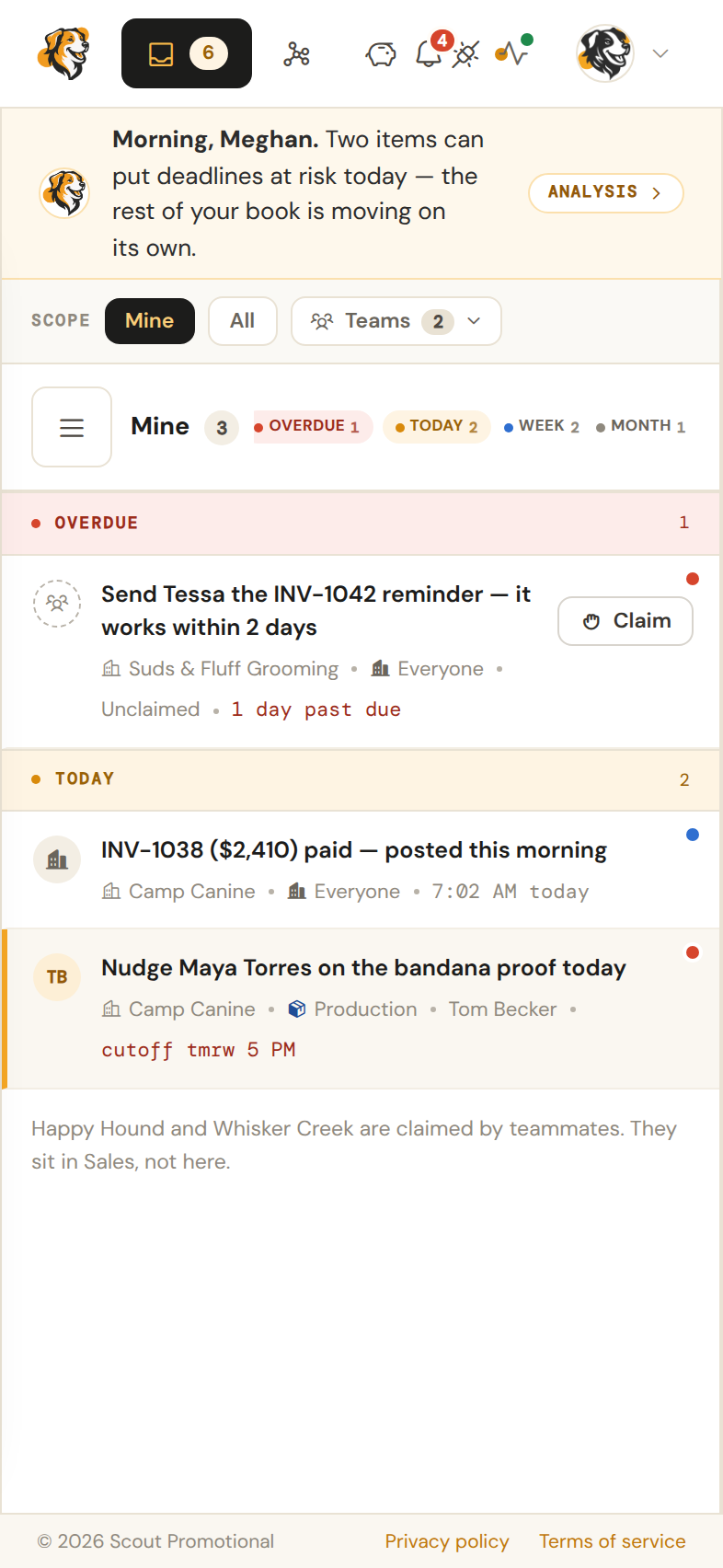 The Scout Inbox at phone width, with items stacked in a single column and navigation at the bottom of the screen.