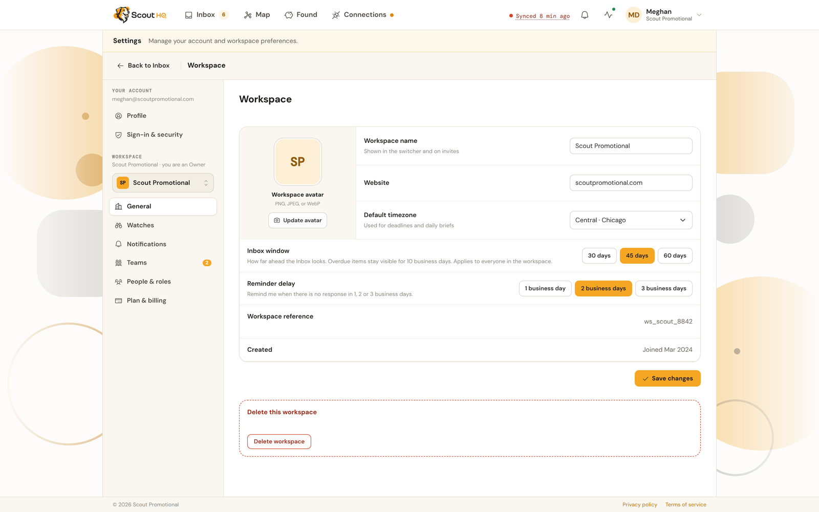 The workspace General settings page with the workspace avatar, name, website, default time zone, Inbox window, and reminder delay.