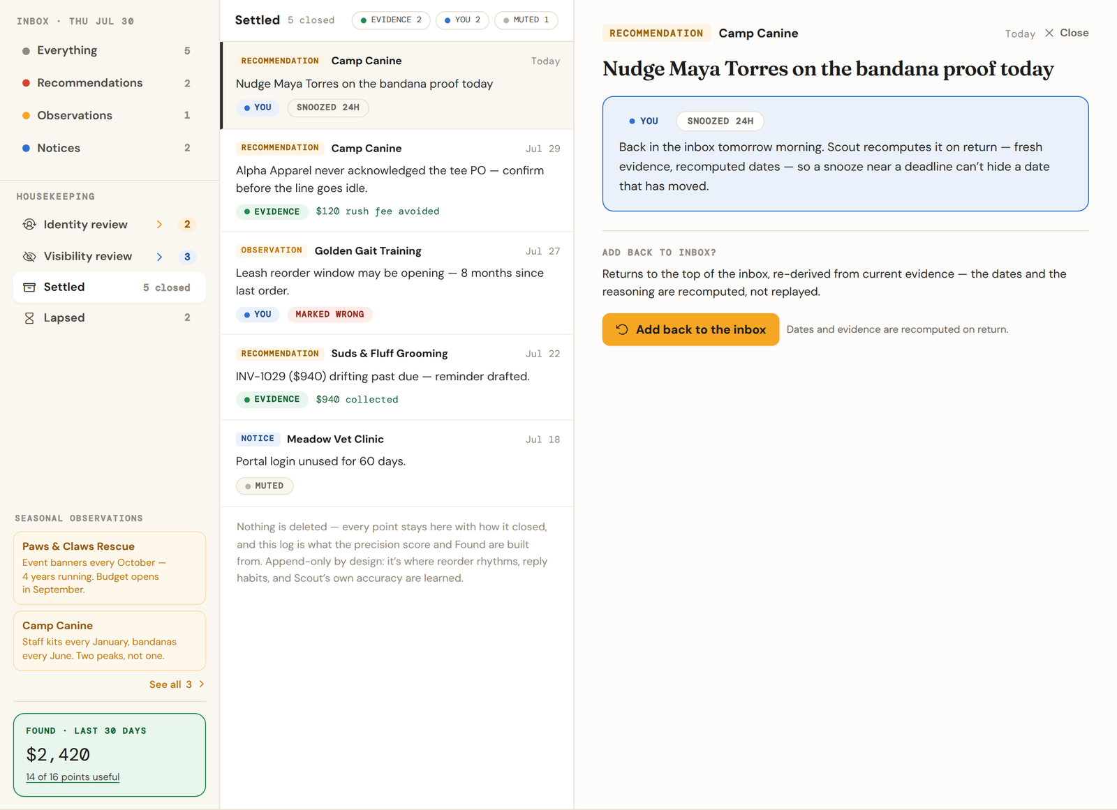 A settled item's reading pane showing how it closed, the close note, context, the reopen section, item details and action history.