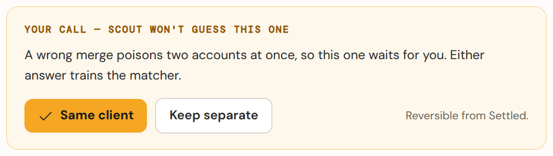 The identity decision panel with the Same client and Keep separate buttons.