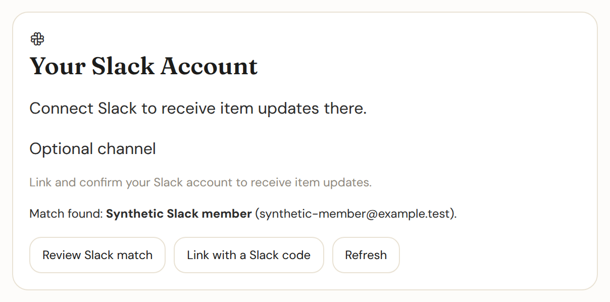 The Your Slack Account panel showing a proposed email match and the Review Slack match and Link with a Slack code buttons.
