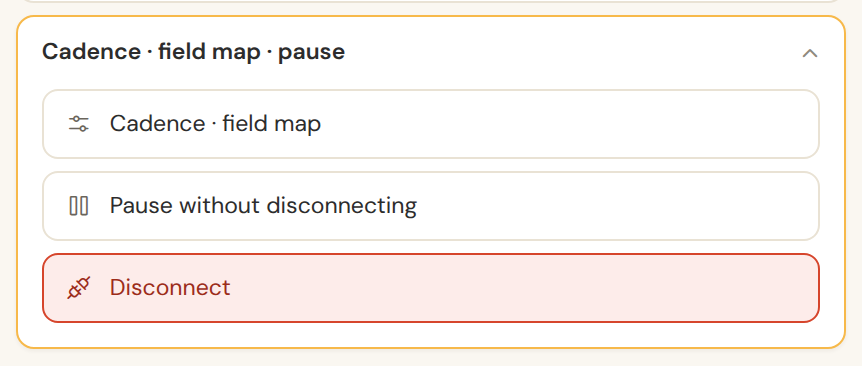 The lifecycle controls on a connection: reconnect, pause, disconnect and remove permanently.