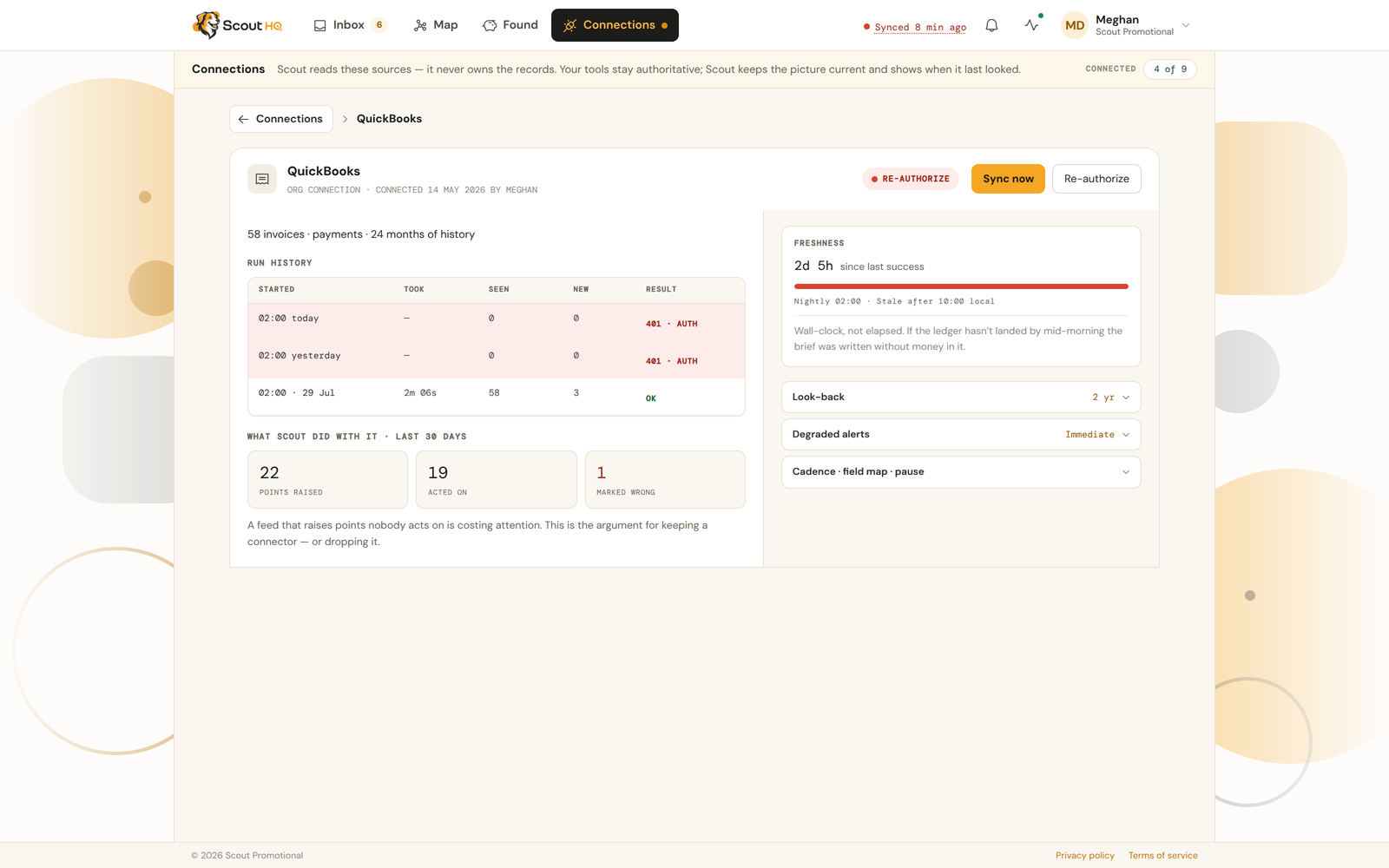 A connection detail page with its authorization badge, run history, statistics and freshness panel.