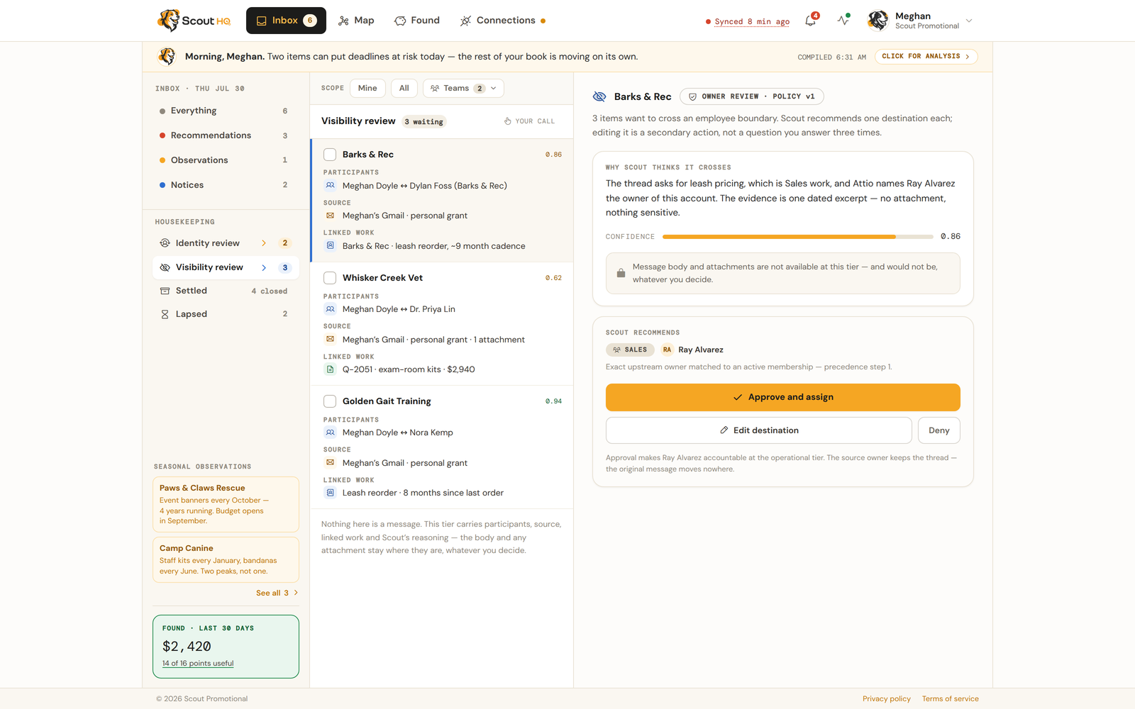 The Visibility review queue listing items that want to cross an employee boundary.