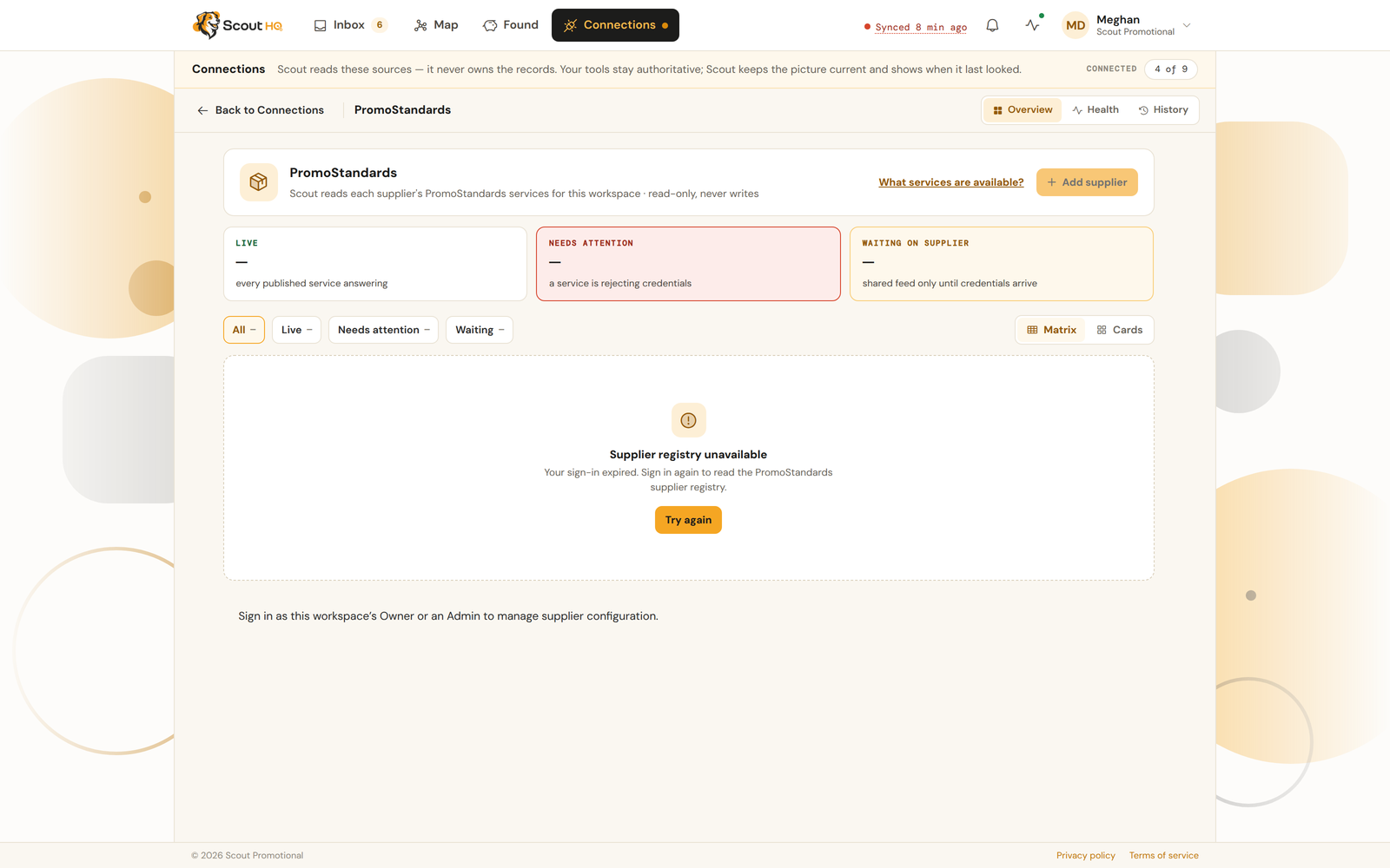 The PromoStandards Overview tab with its three stat cards and the supplier-by-service matrix.
