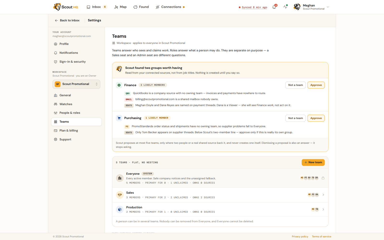 The Teams page showing two Scout-proposed teams above the list of three existing teams and the fallback setting.