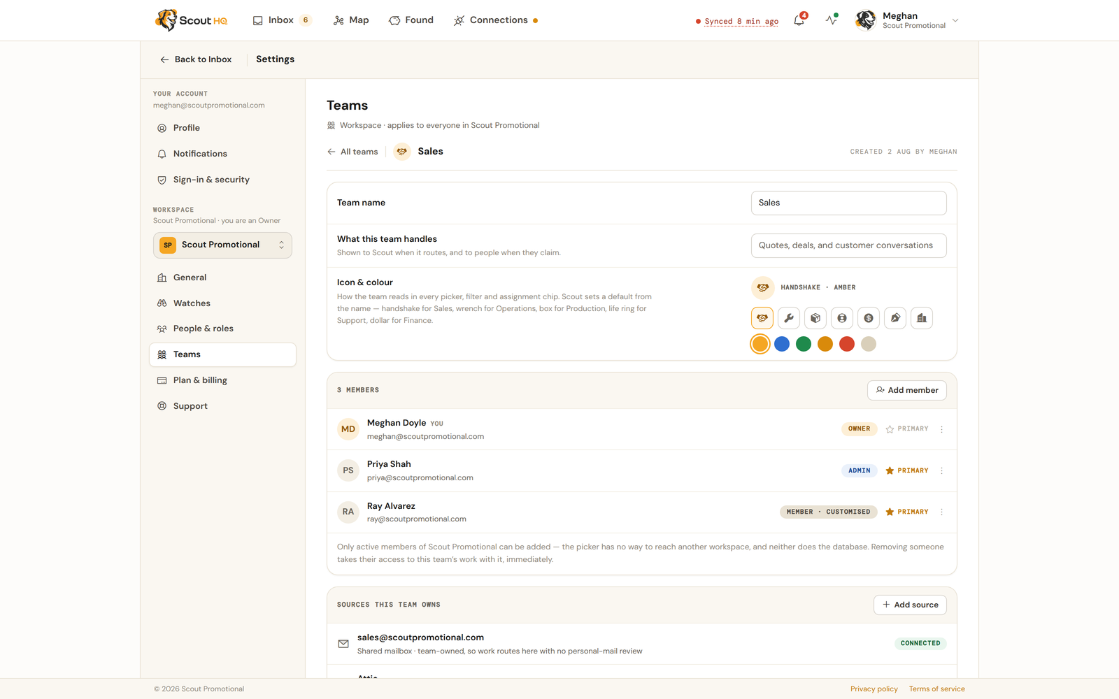 A team detail page with its members, their primary-team tags, and the sources the team owns.
