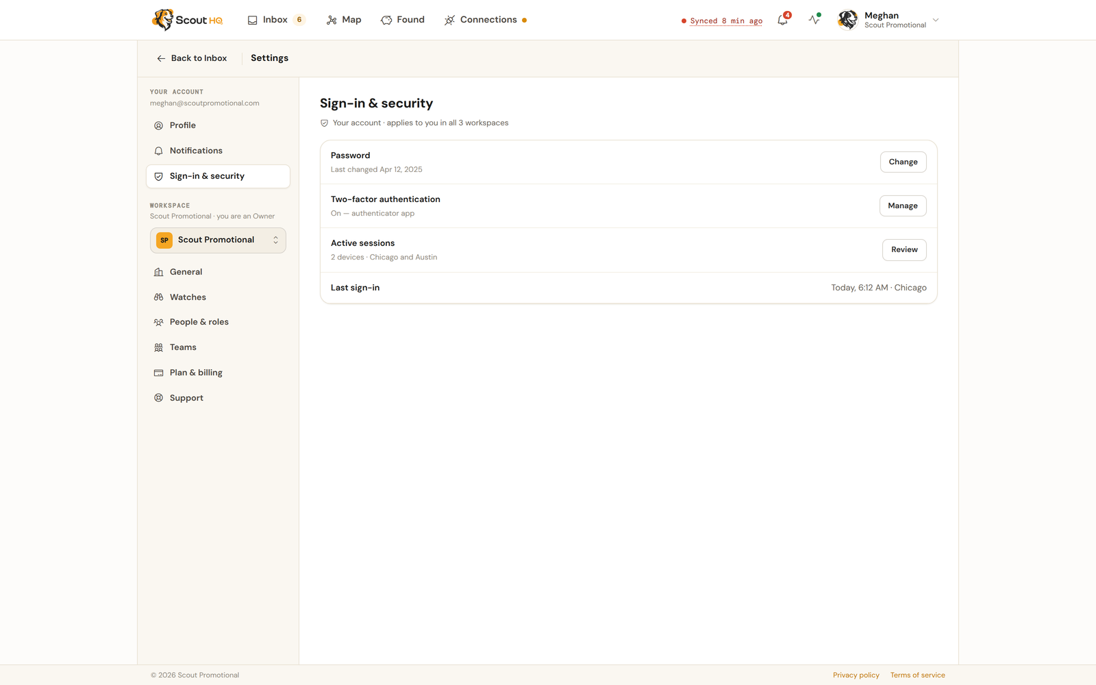 The Sign-in and security page listing account email, password, two-factor authentication, active sessions, and last sign-in.
