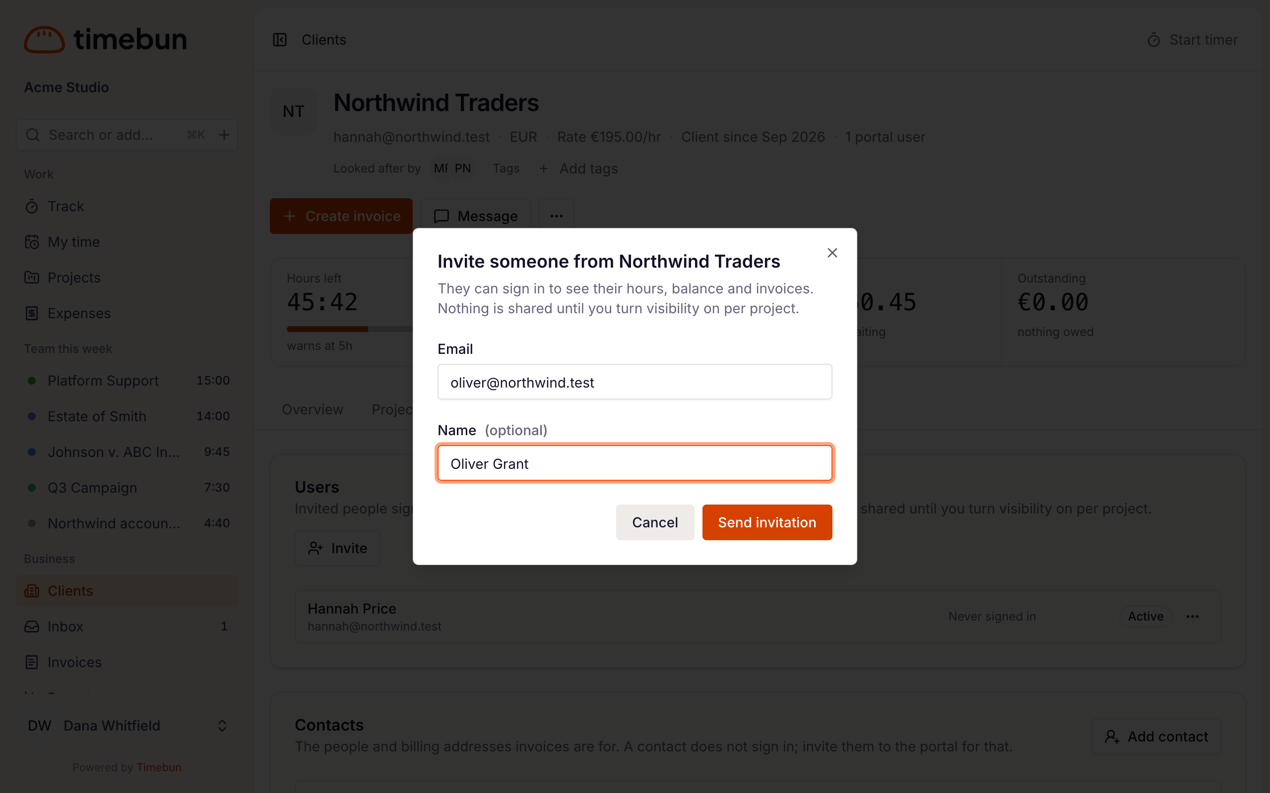 the 'Invite someone from …' dialog on a client's People tab
