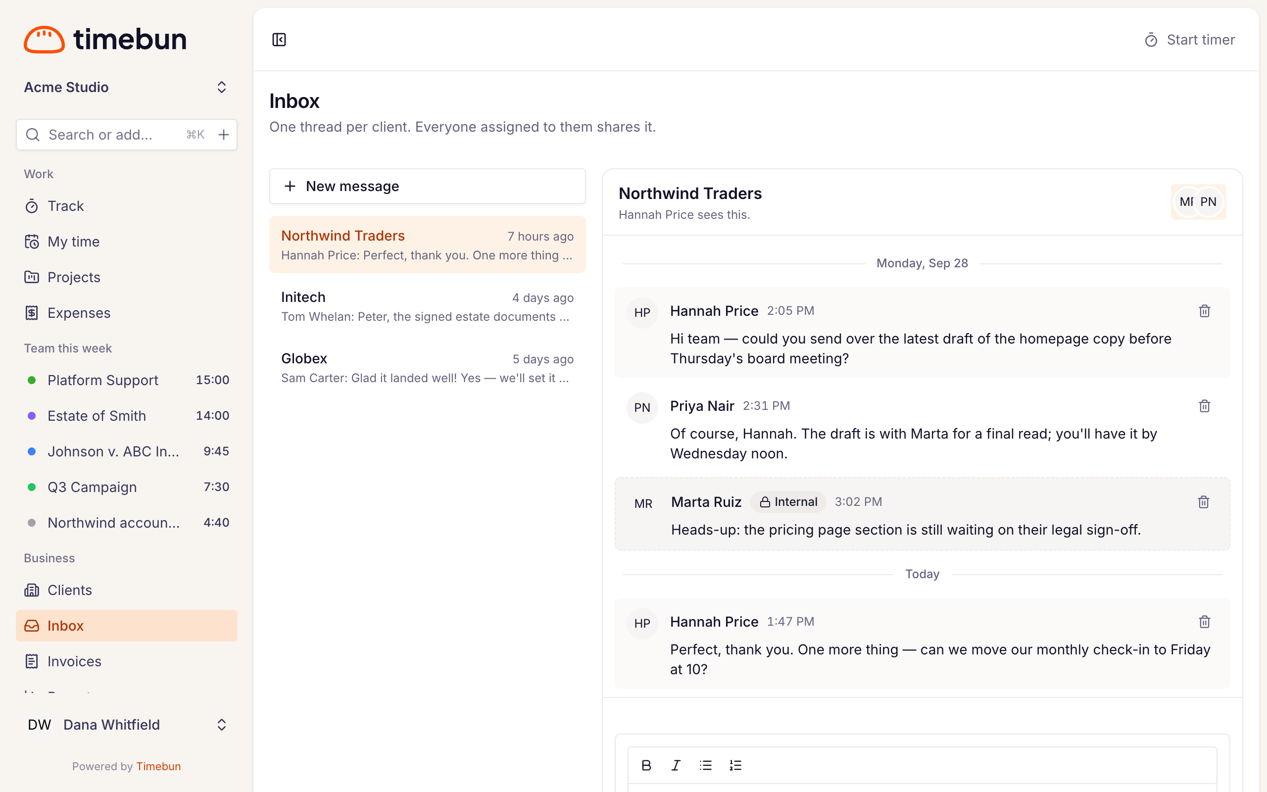the Inbox with the thread list on the left and an open conversation