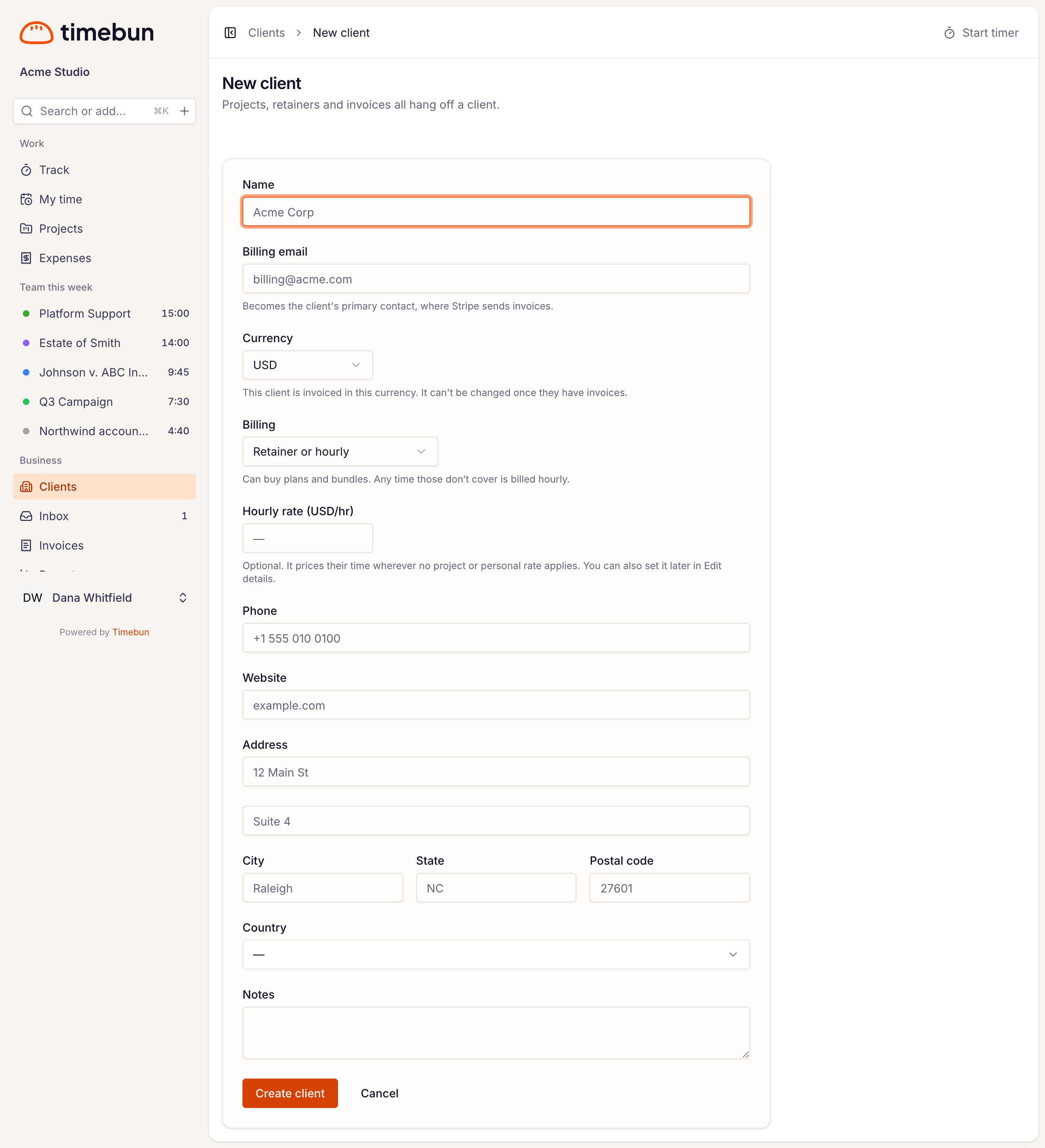 the New client form