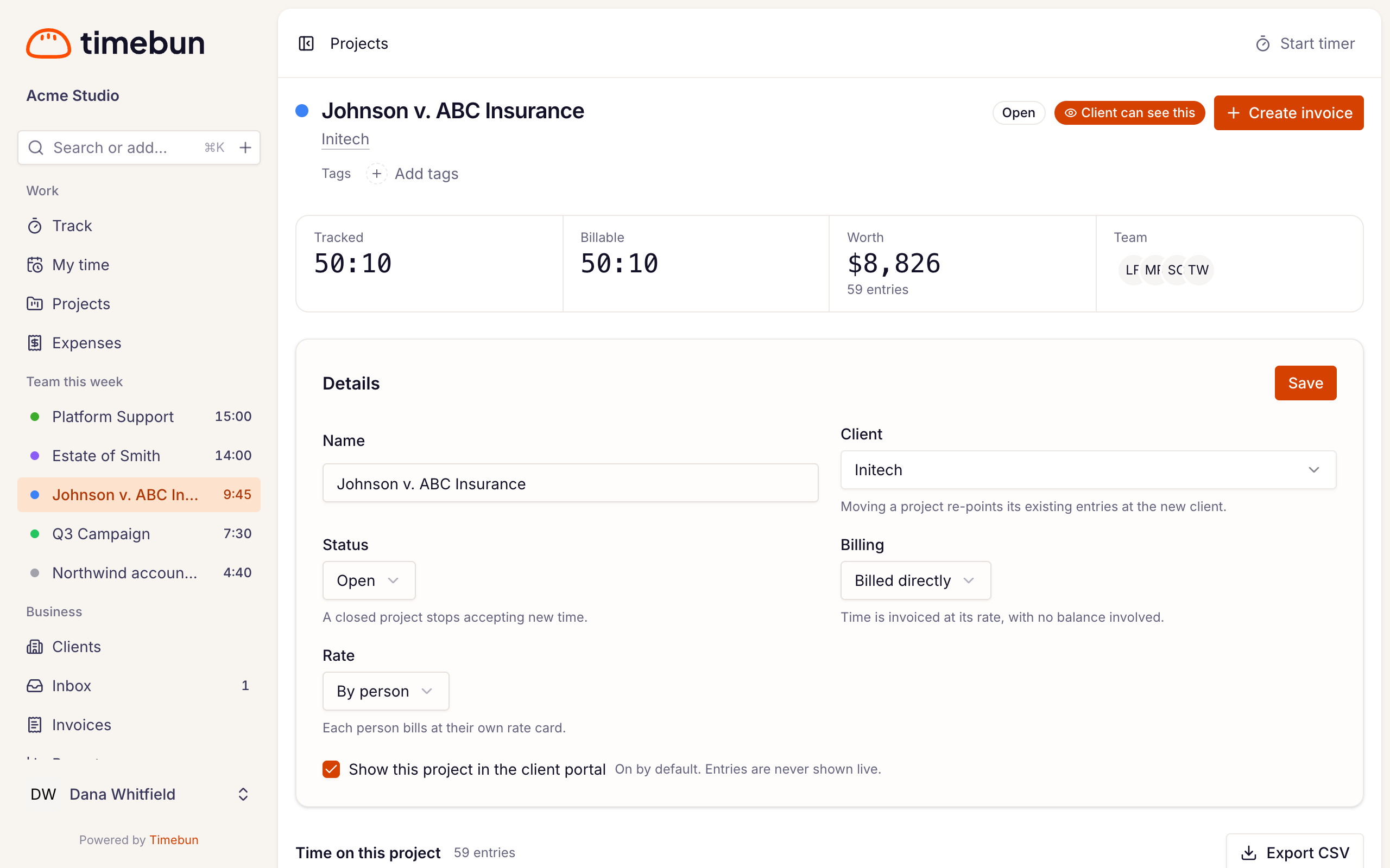 a project page with the Tracked, Billable, Worth and Team figures