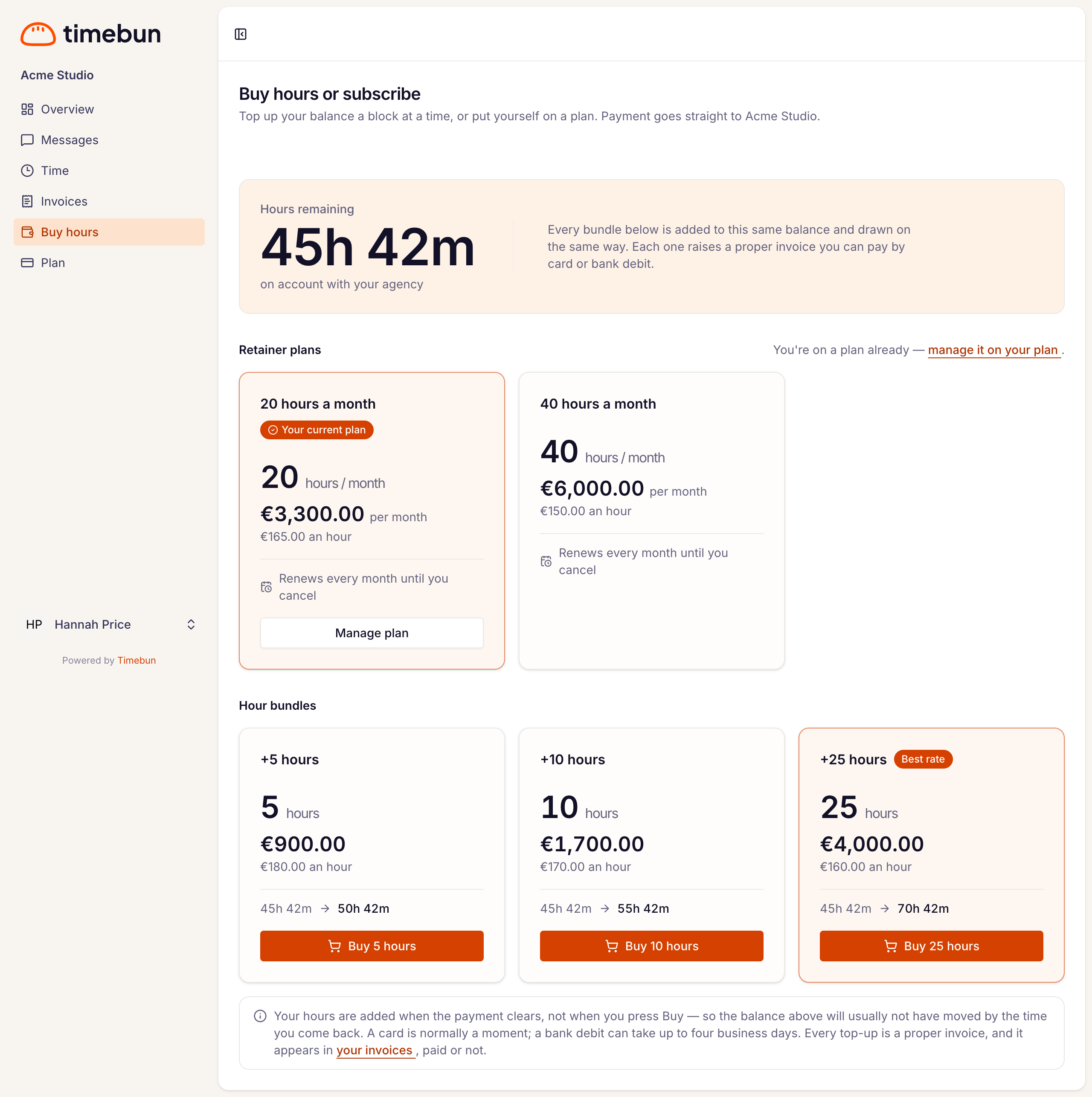 the Buy hours page with a plan card and three hour bundles