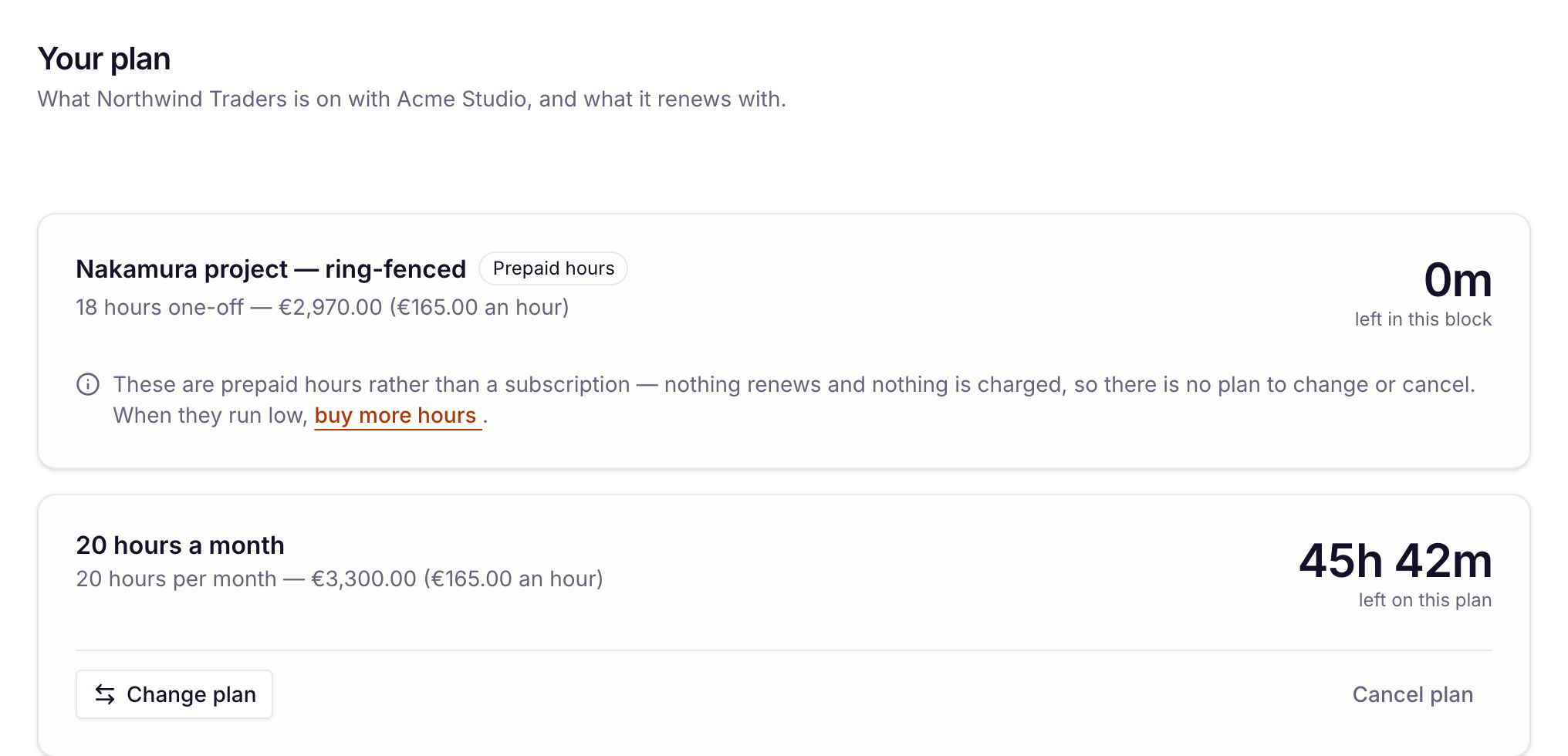 the Plan page with Change plan and Cancel plan buttons