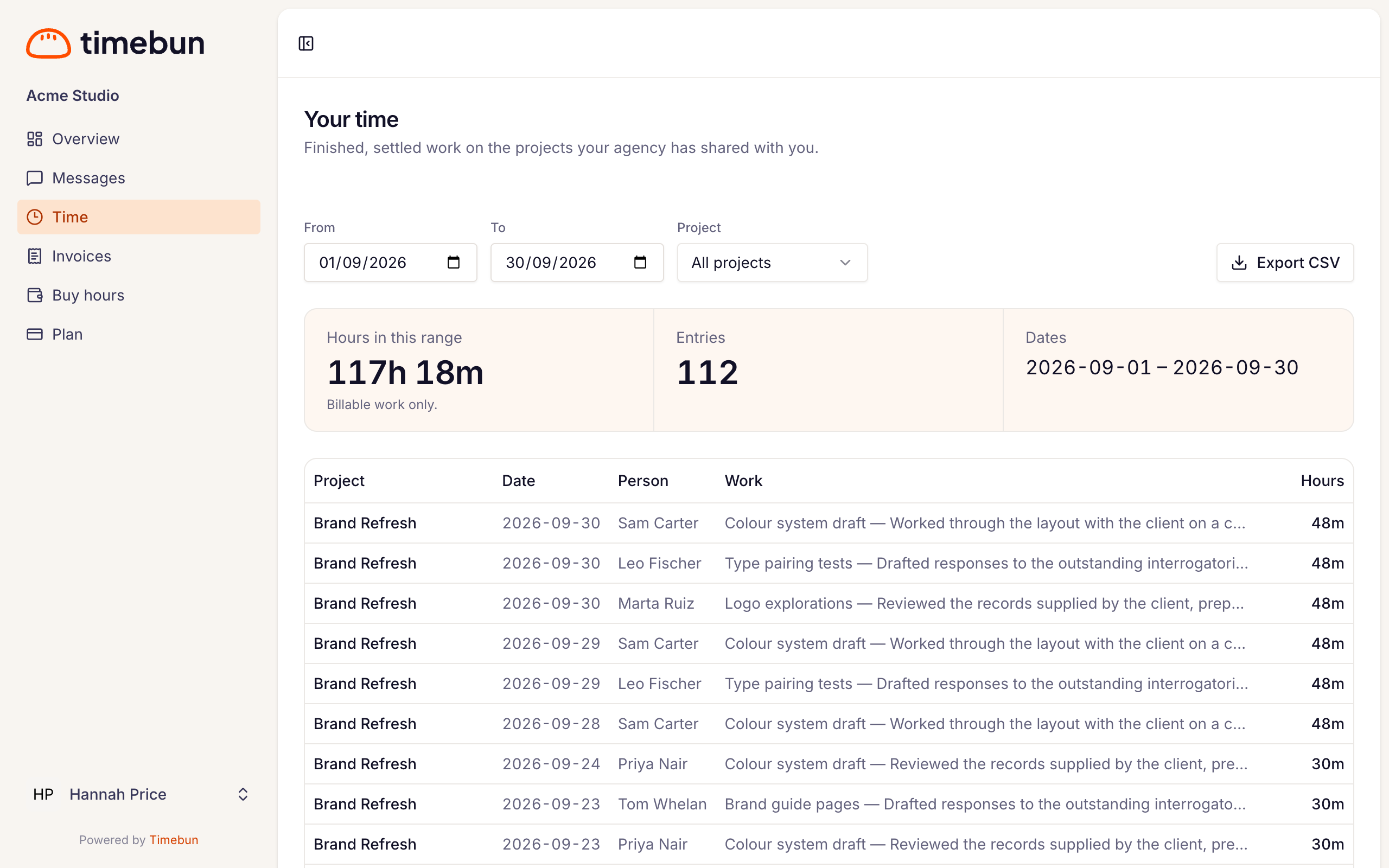 the Time page with the hours total and the list of entries