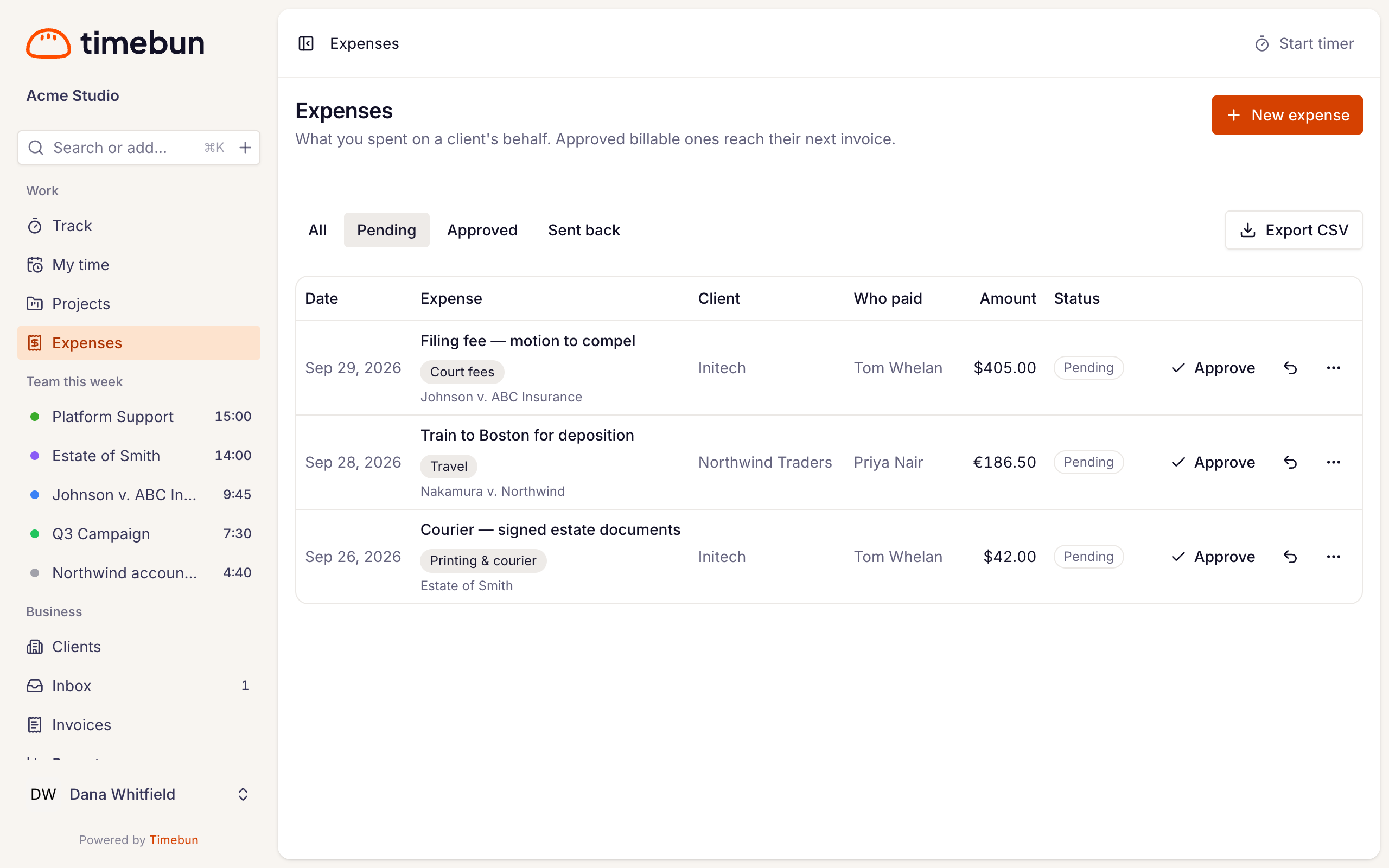 the Expenses page filtered to Pending, with Approve on a row