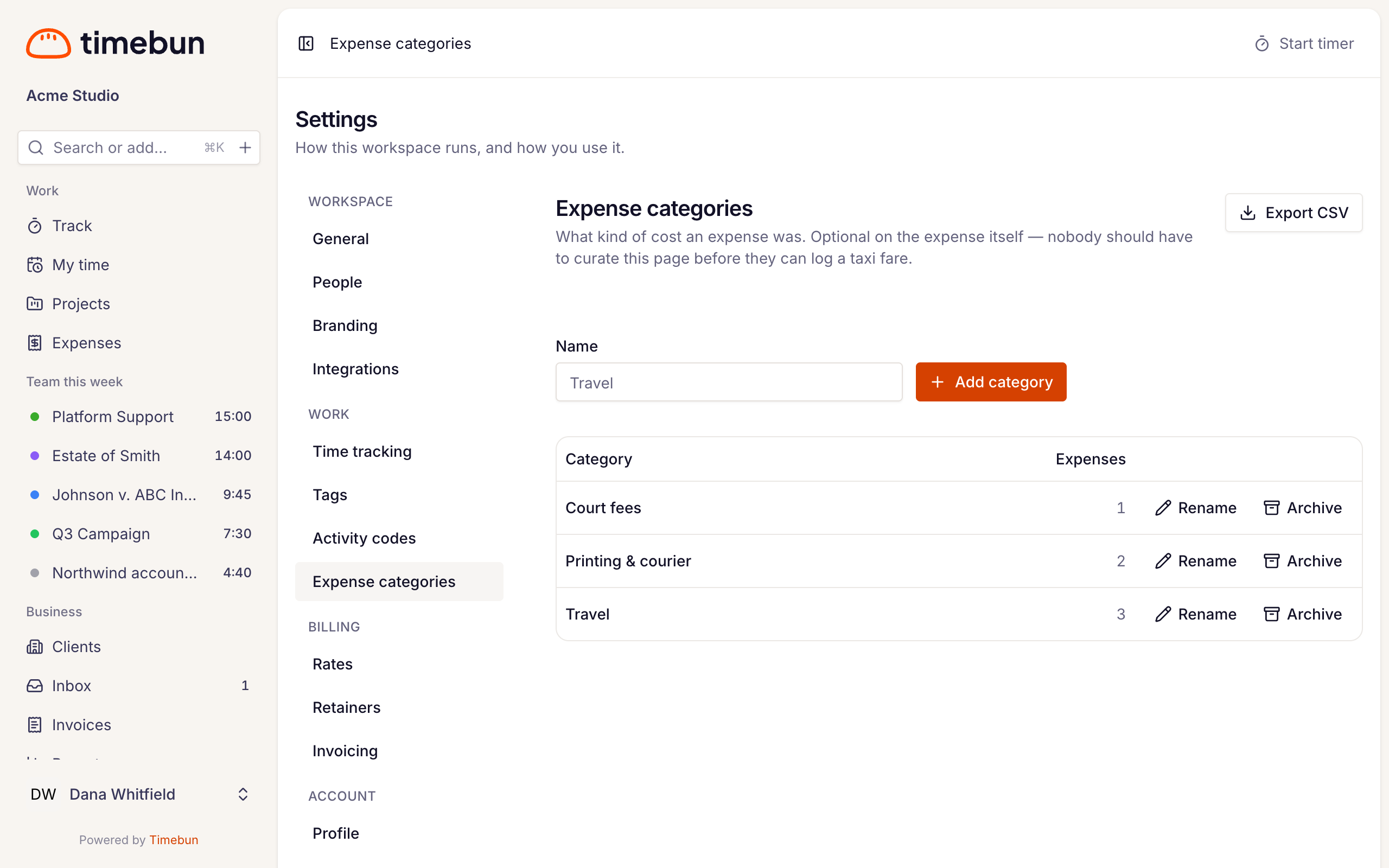 the Expense categories page with three categories