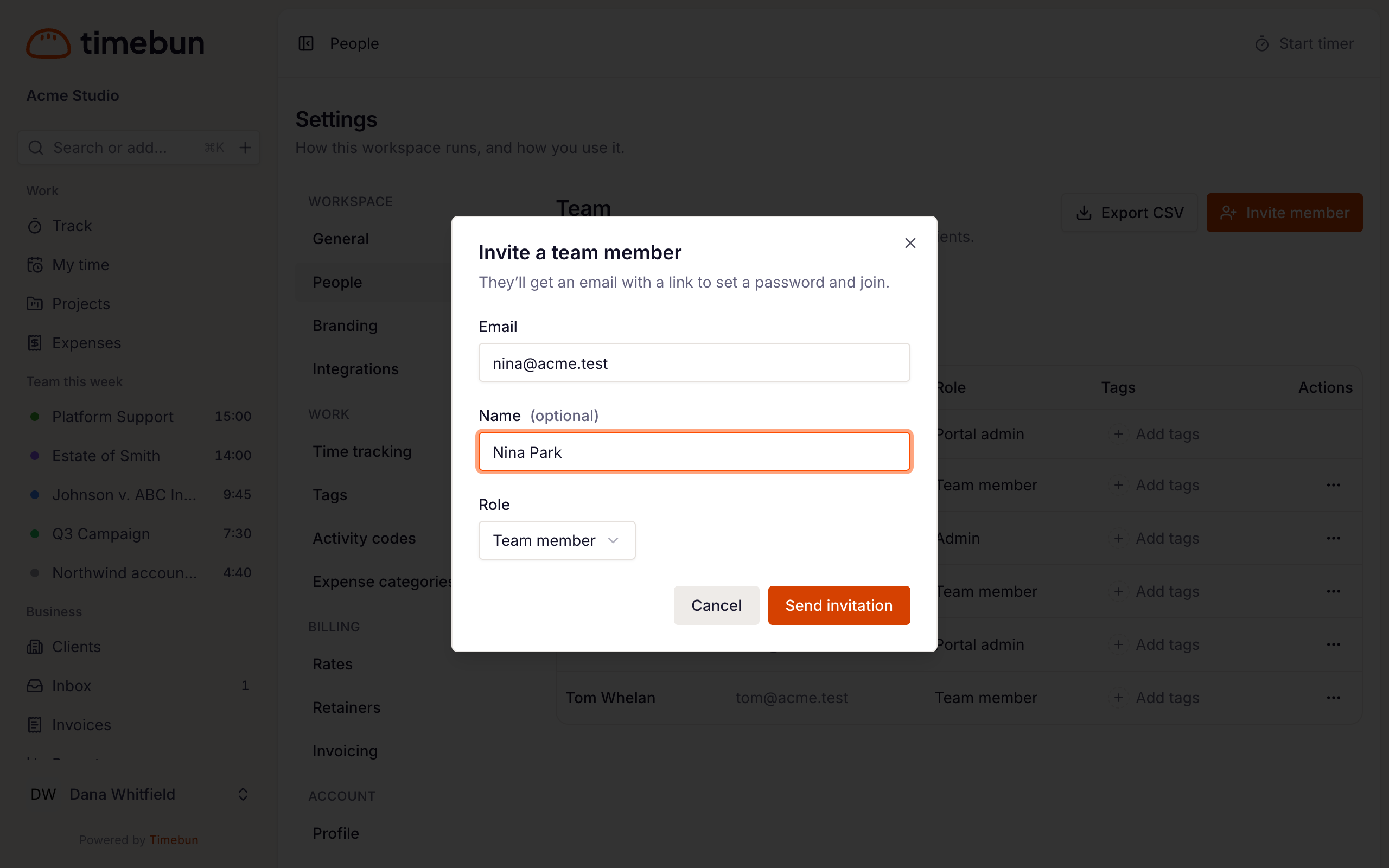 the Invite a team member dialog