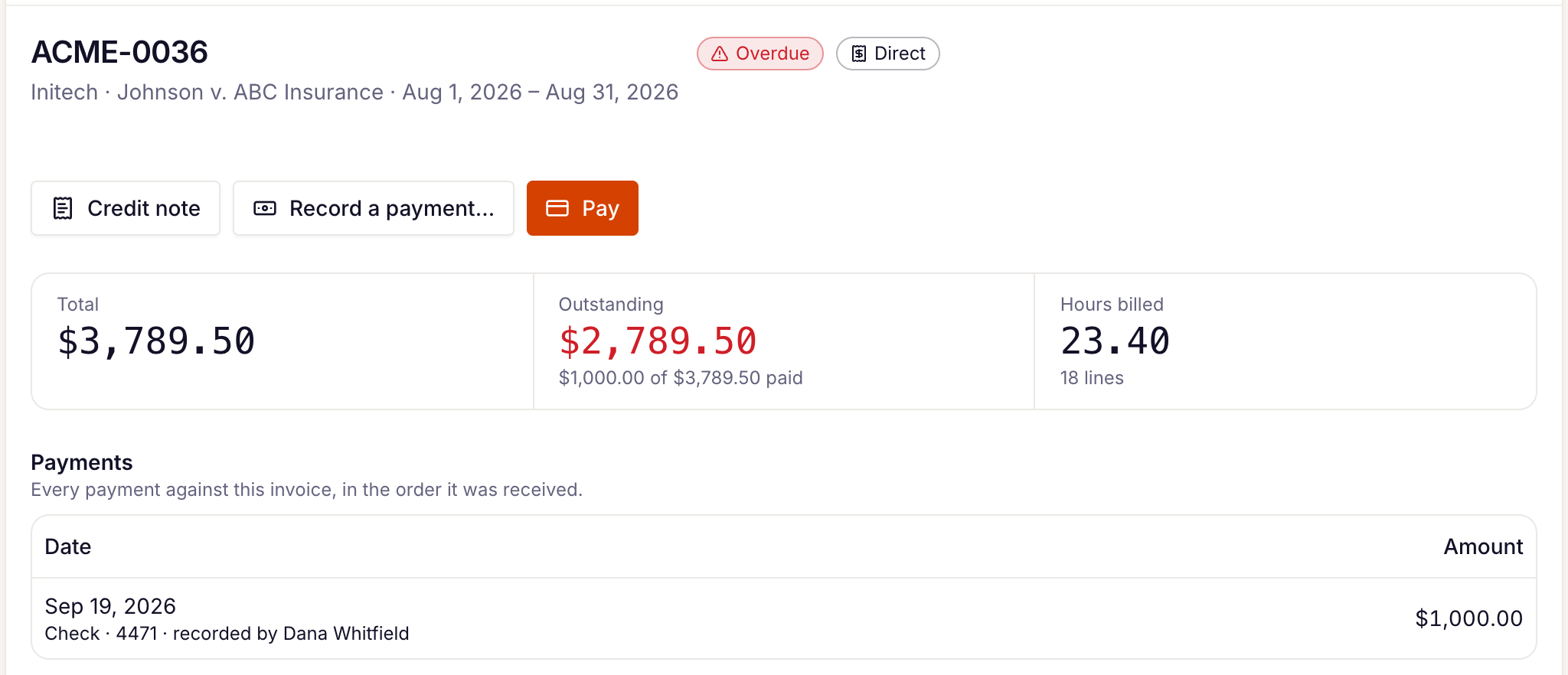 an invoice showing Partially paid and the Payments section
