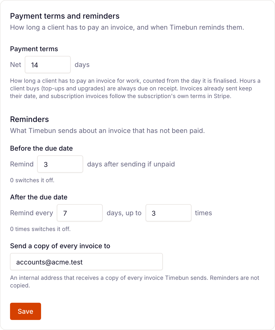 the Payment terms and reminders card