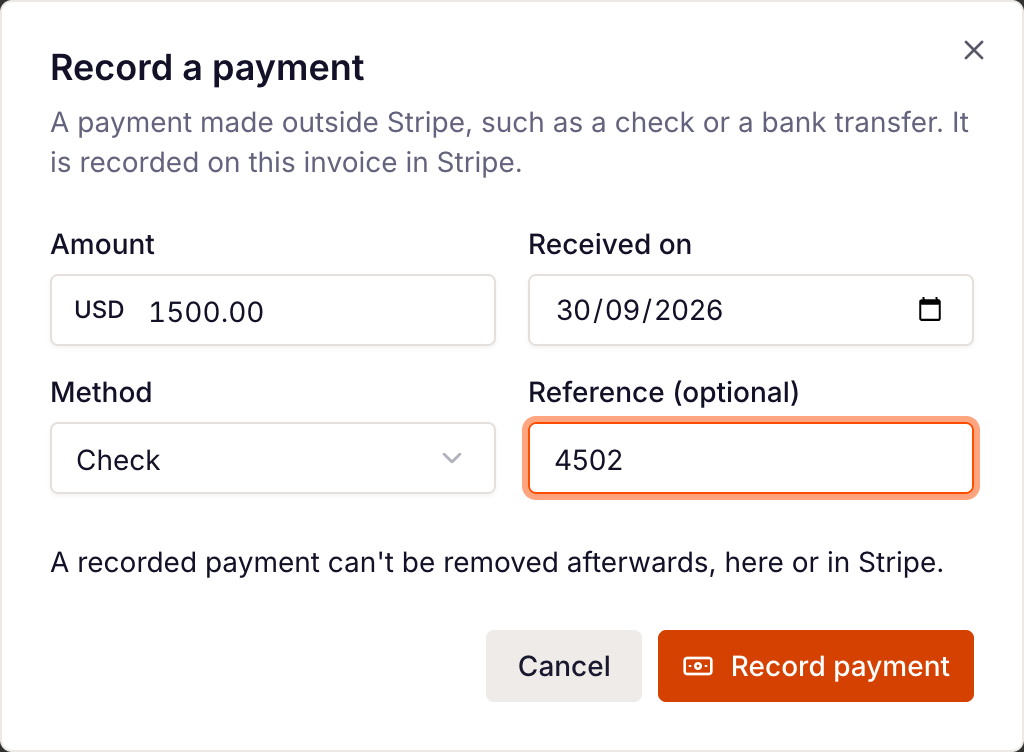 the Record a payment dialog