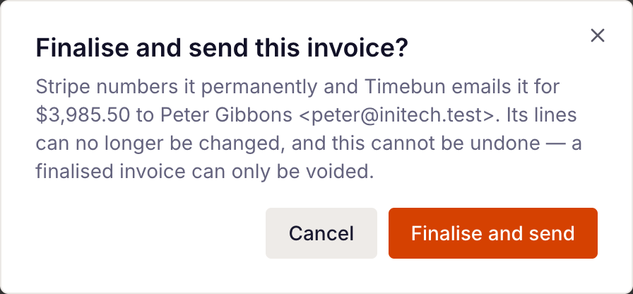 the Finalise and send dialog