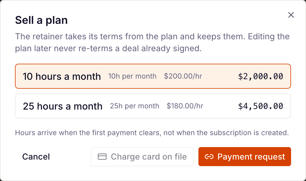 the Sell a plan dialog with Charge card on file and Payment request