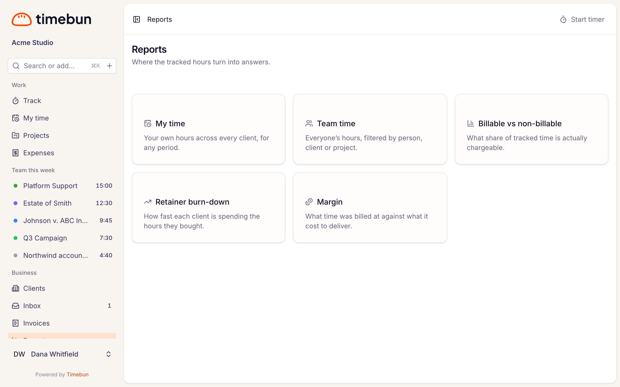 the Reports page with its five report cards