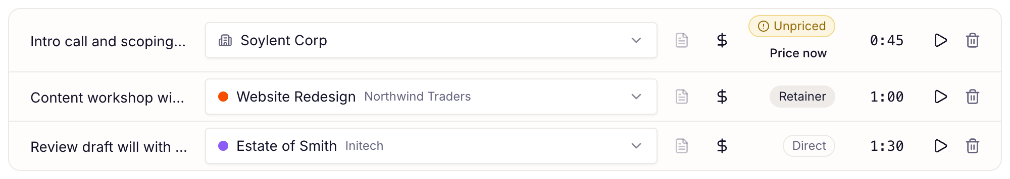 entry rows with Direct, Retainer and Unpriced labels