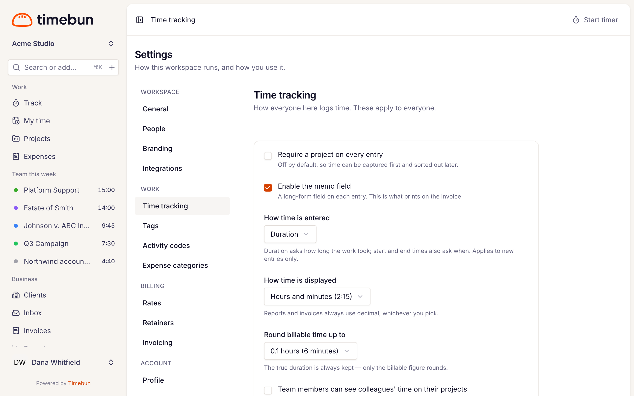 the Time tracking settings page