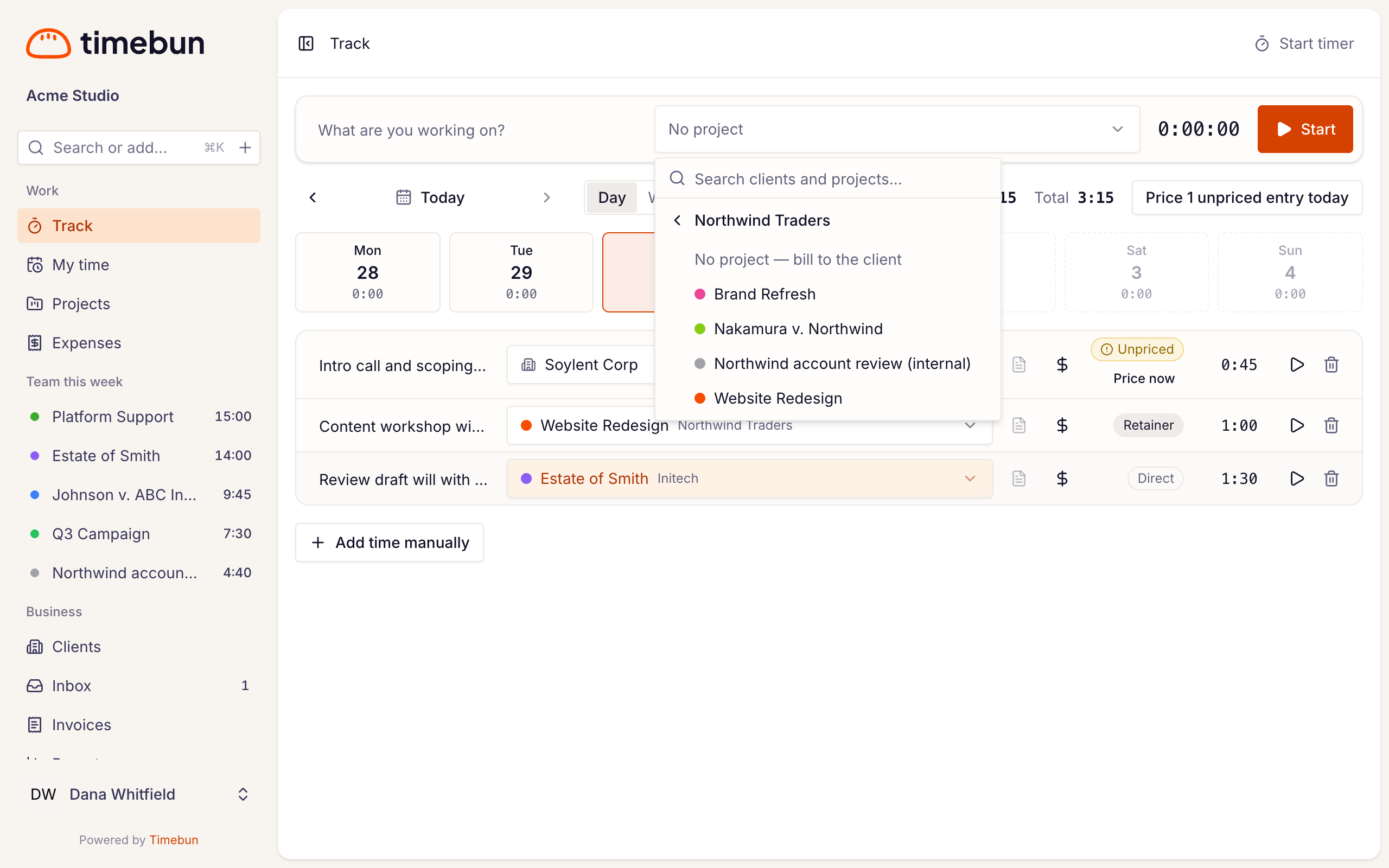 the project menu open on a client, showing 'No project — bill to the client'