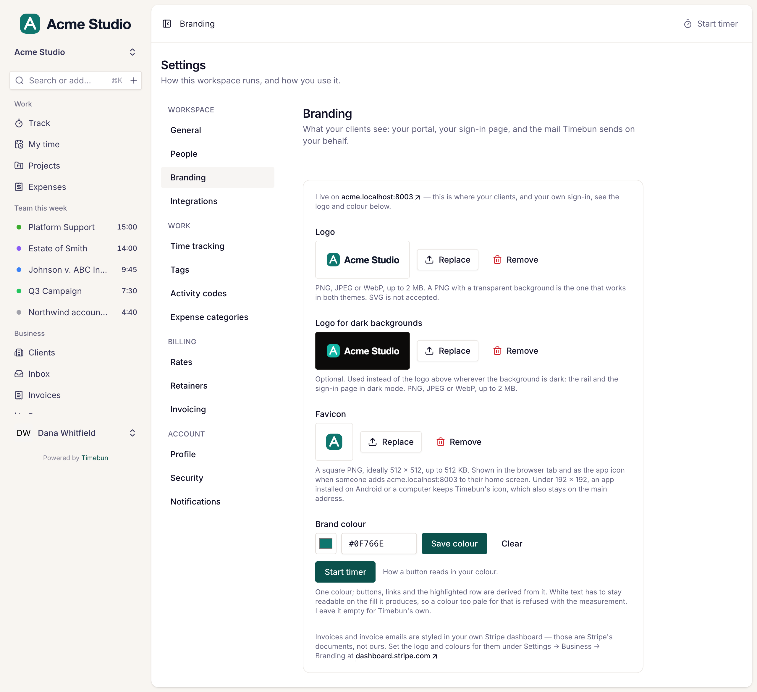 the Branding page with a logo, a dark-background logo, a favicon and a brand colour set