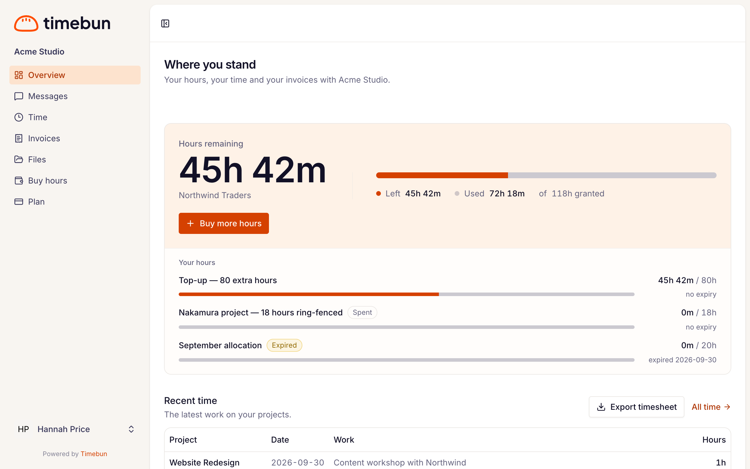 the portal Overview with Hours remaining and Recent time