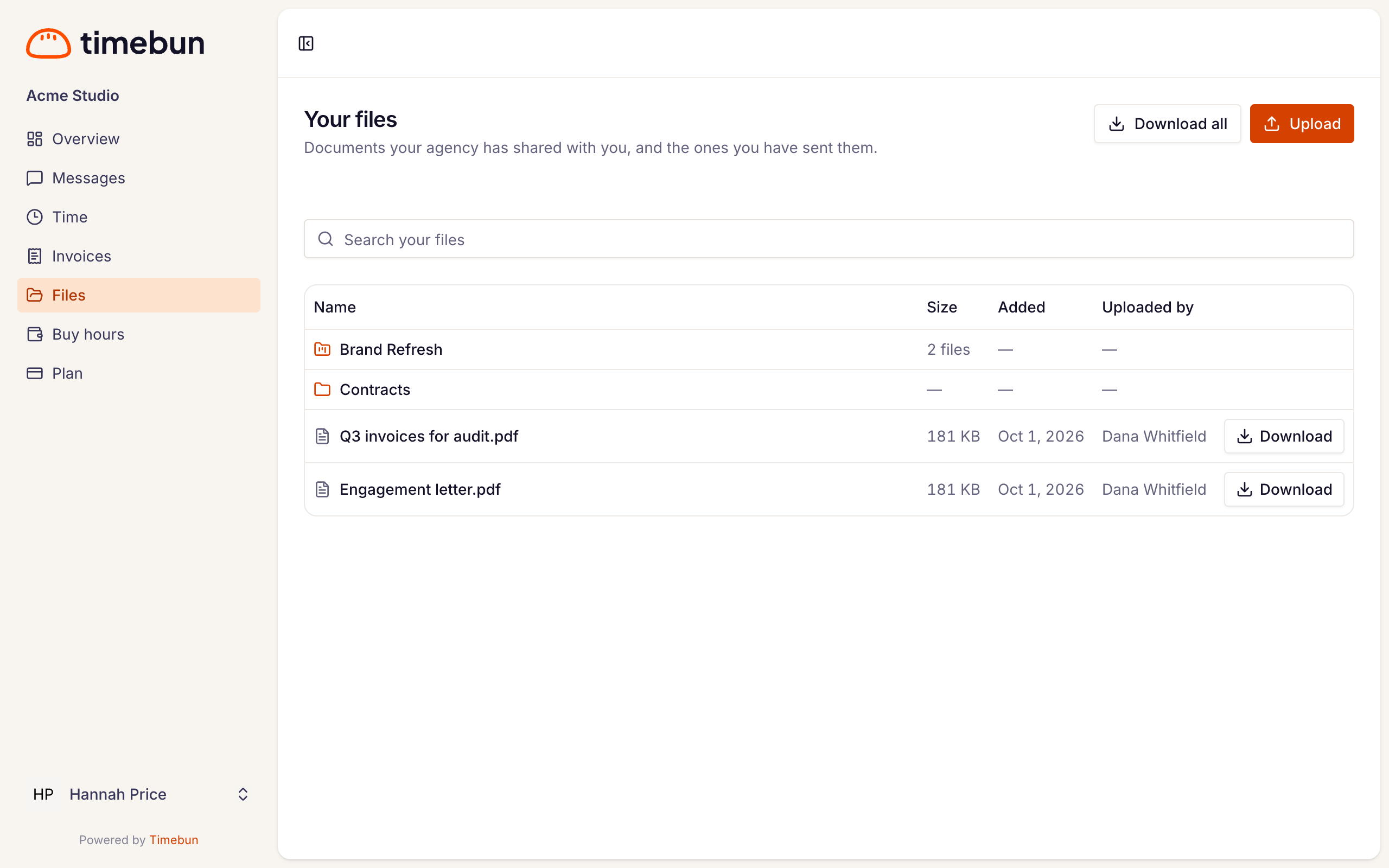 the Your files page with a project, a folder and two files