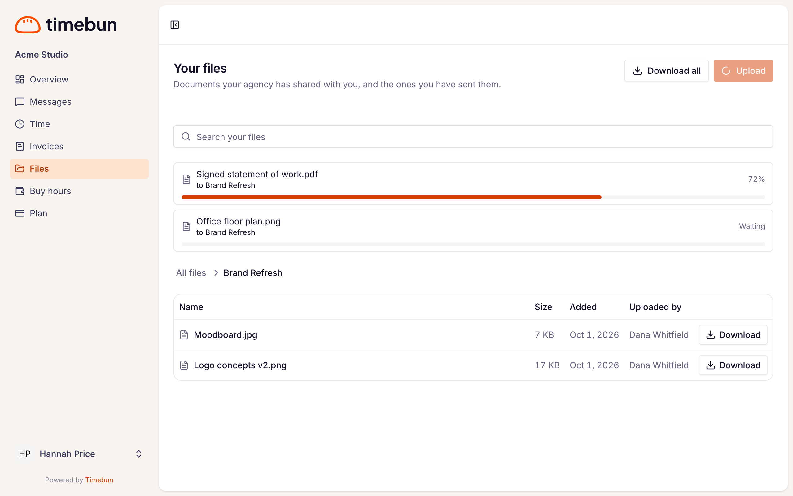 the Your files page with two uploads in progress
